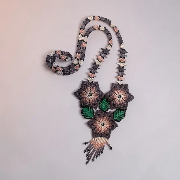 Handmade Beaded Floral Statement Necklace Mauve Pink Green Artisan Jewelry - Picture 5 of 7